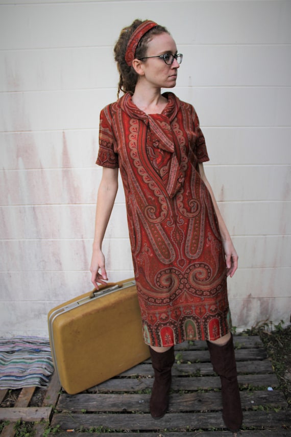 60s Psychedelic Woven Paisley Dress, Red Paisley D