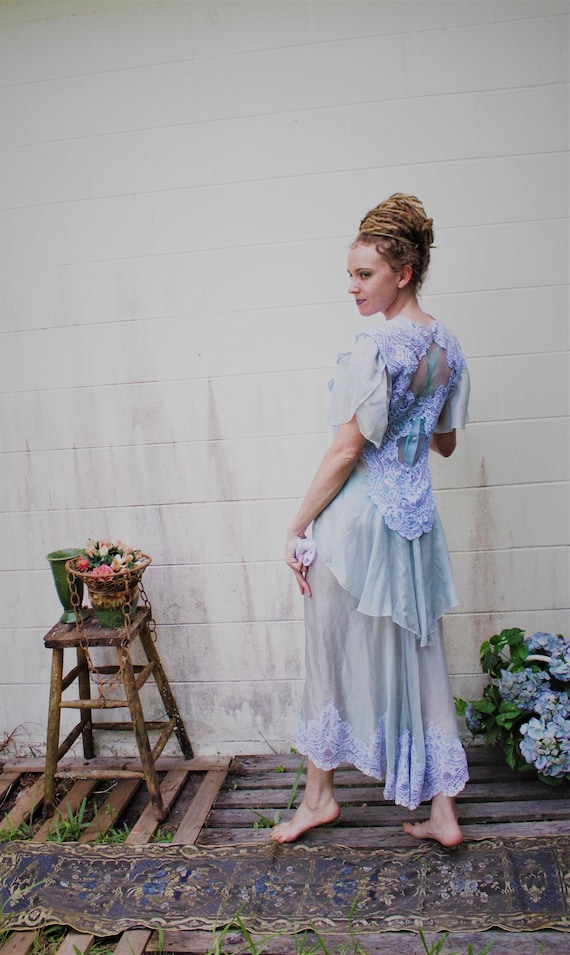 80s Does Victorian/Edwardian Style Blue Silk Weddi