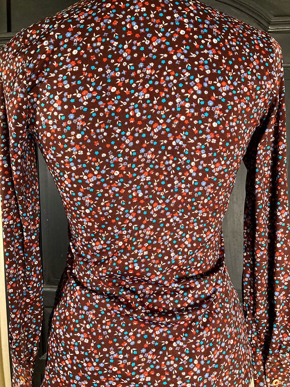 XS/ Vintage Brown Floral Disco Shirt, 70’s Nylon … - image 9