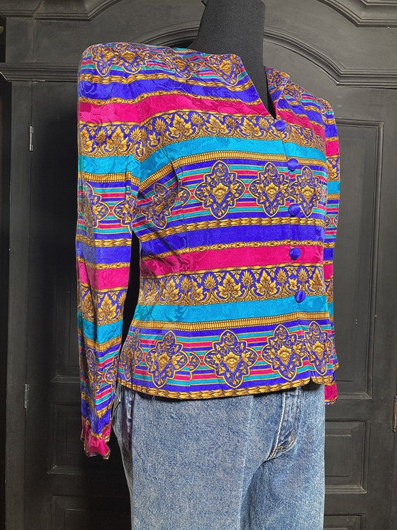 M/ Vintage Colorful Baroque Silk Jacket, 80's Gol… - image 6