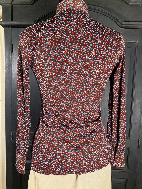 XS/ Vintage Brown Floral Disco Shirt, 70’s Nylon … - image 4
