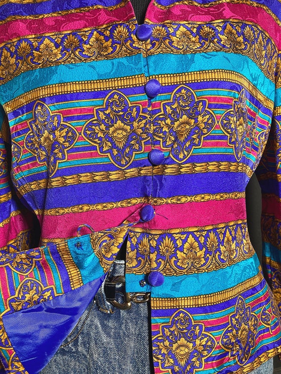 M/ Vintage Colorful Baroque Silk Jacket, 80's Gol… - image 8