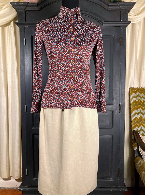 XS/ Vintage Brown Floral Disco Shirt, 70’s Nylon … - image 1