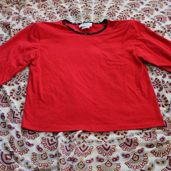 L/ Vintage Red Half Sleeve Blouse, Red Shirt w/ Black Trim and Crew Neck, Bright Red 80's 90’s Casual Dress Shirt