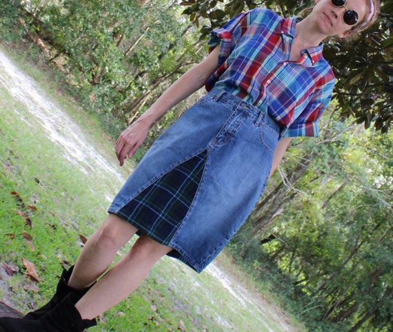 L Vintage Nautica Skirt High Waist Denim Skirt W Plaid Corduroy Thigh Length High Rise Blue Jean Skirt 90s Grunge Clothing Etsy