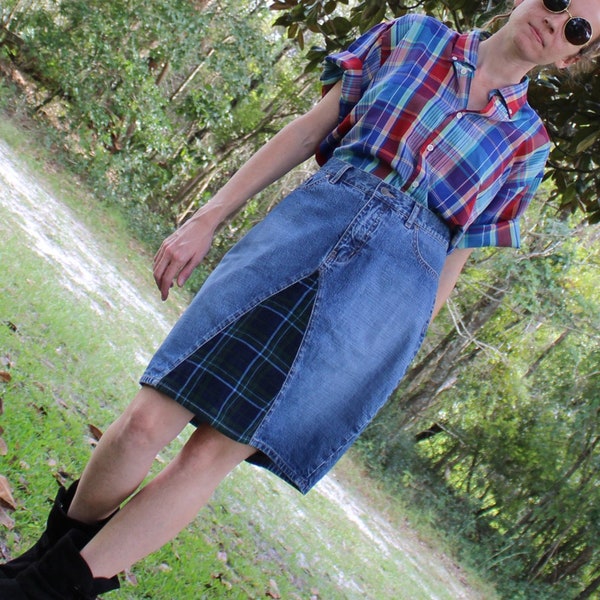 L/ Vintage Nautica Skirt,  High Waist Denim Skirt w/ Plaid Corduroy, Thigh Length High Rise Blue Jean Skirt, 90’s Grunge Clothing