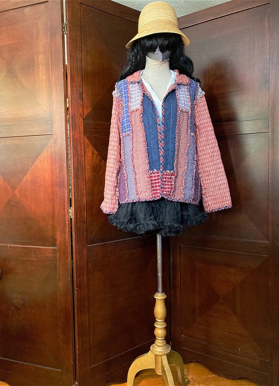 Vintage Patchwork Jacket, Reversible Red Plaid Qu… - image 1
