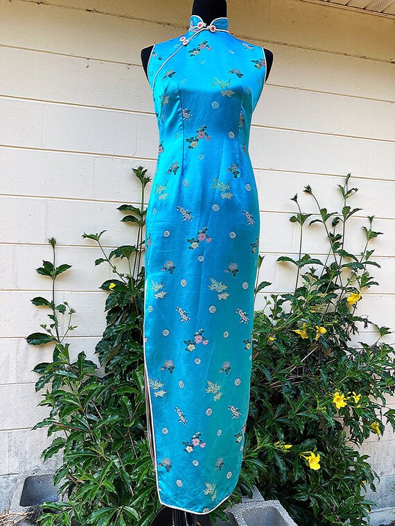 XS/ Vintage Teal Cheongsam/qipao Dress, Satin Brocade