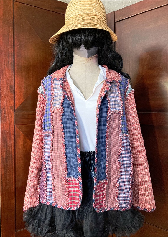Vintage Patchwork Jacket, Reversible Red Plaid Qu… - image 2