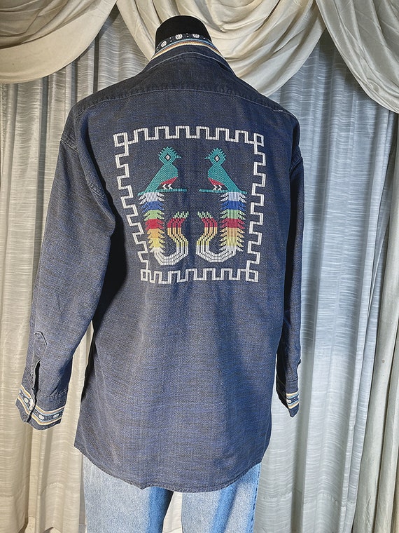 L/ Vintage 70’s Tribal Denim Shirt with Aztec Bir… - image 2