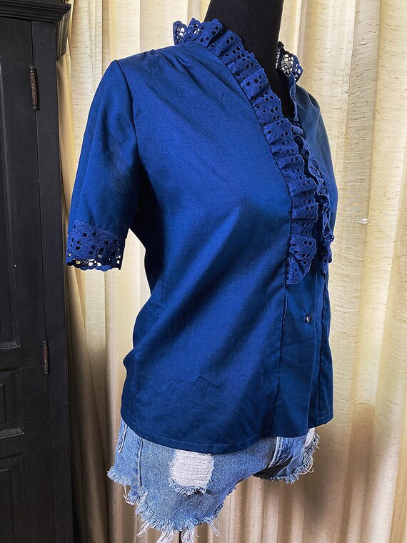 XS-S/ Vintage Blue Ruffle Lace Blouse, 70’s Short… - image 7