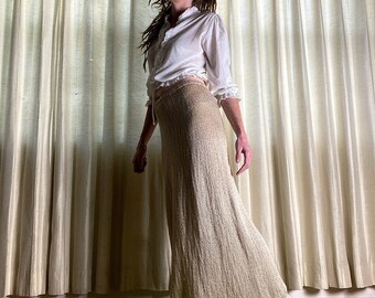 M/ Vintage Mary Farrin Knit Maxi Skirt, 70’s Sheer Knit Tan Skirt, Sexy & Elegant Boho Skirt, Boho/Prairie/Cottagecore