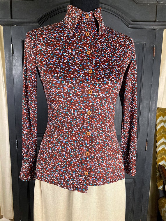 XS/ Vintage Brown Floral Disco Shirt, 70’s Nylon … - image 2