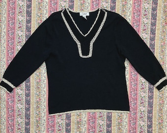 M/ Vintage Stretchy Black Top with Cream Lace Trim by Carducci, 90’s Grunge/Gothic/Dark Academia/Cottagecore