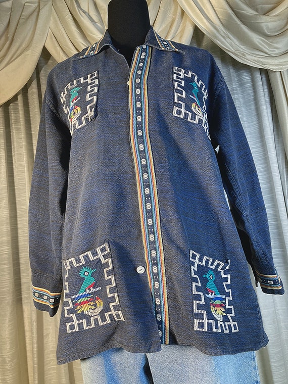 L/ Vintage 70’s Tribal Denim Shirt with Aztec Bir… - image 3