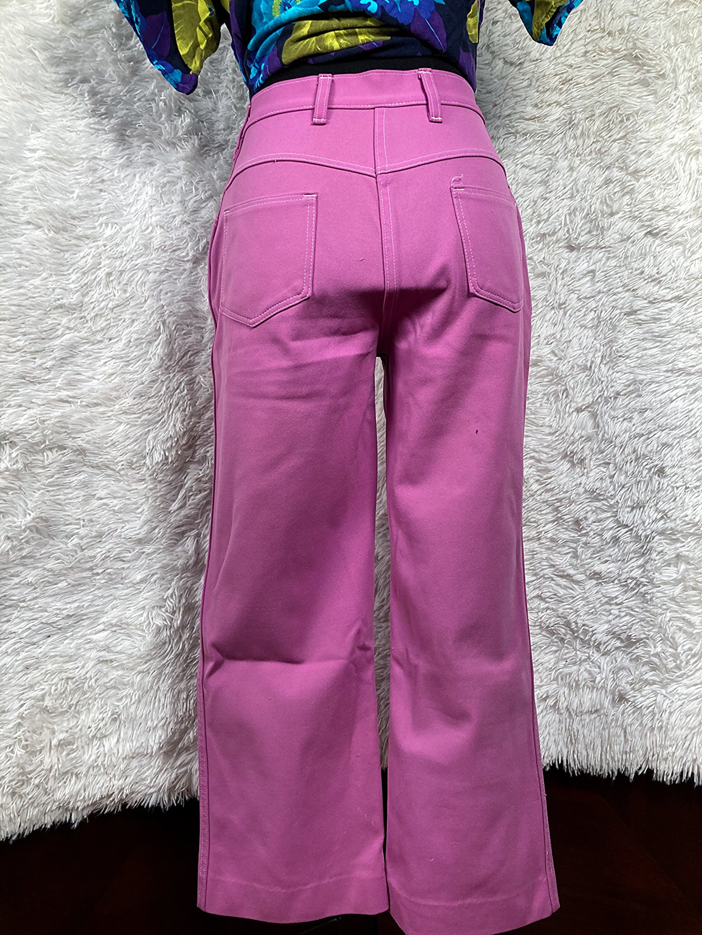 M/ Vintage Pink Flare Pants, 70's High Rise Fuchsia Stretchy