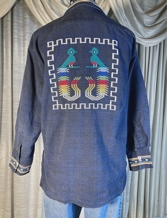 L/ Vintage 70’s Tribal Denim Shirt with Aztec Bir… - image 7