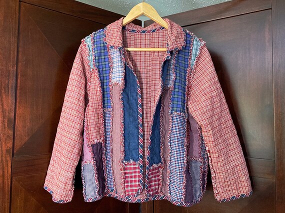 Vintage Patchwork Jacket, Reversible Red Plaid Qu… - image 8