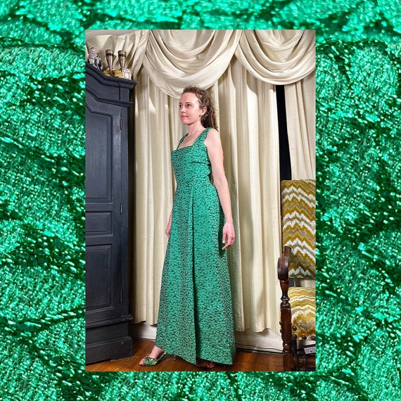 S-M/ Vintage Emerald Green Hostess Dress, 60’s 70… - image 1