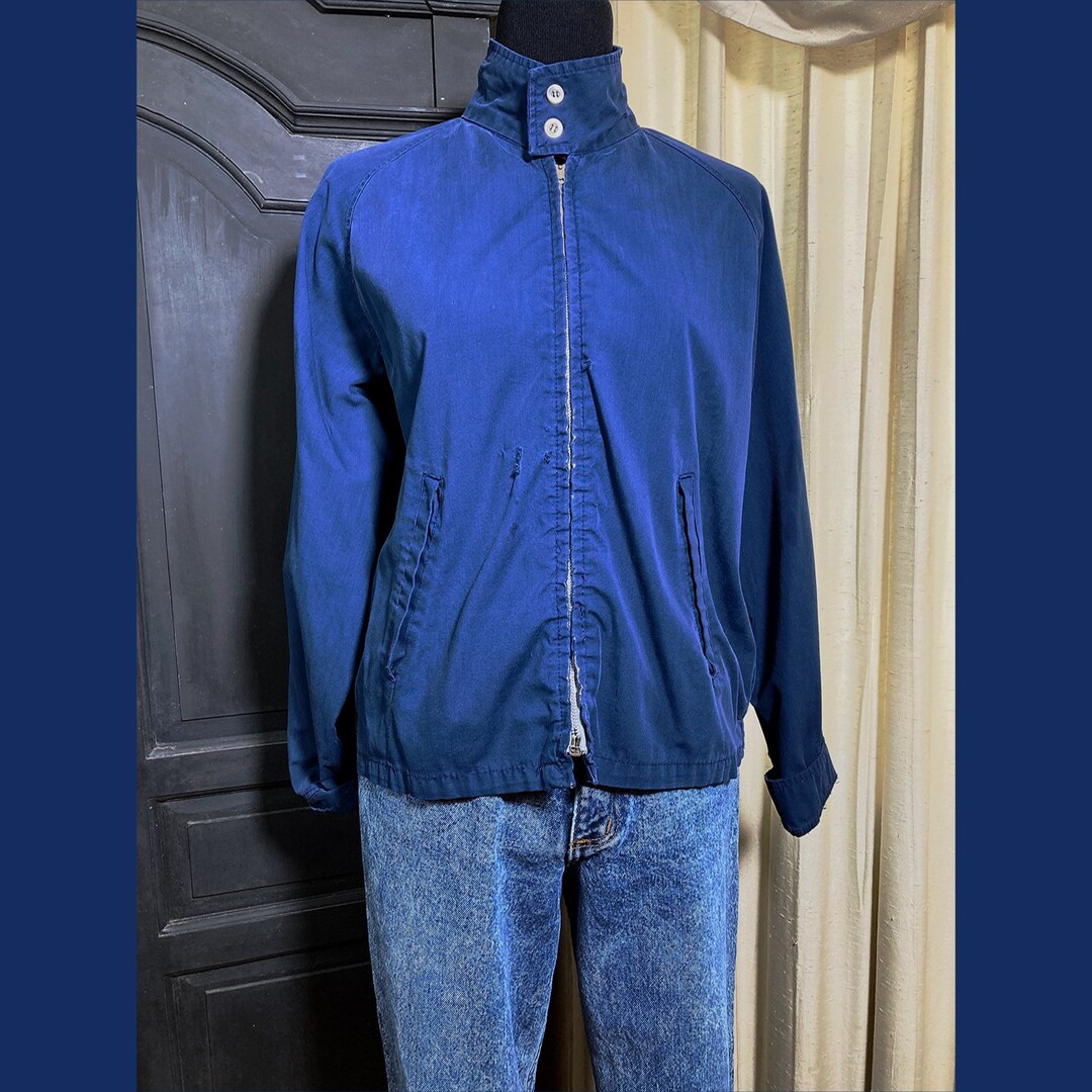 M-L/ Vintage Work Jacket, 70's Navy Blue Distressed Work