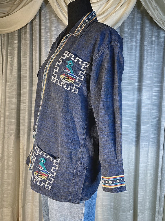 L/ Vintage 70’s Tribal Denim Shirt with Aztec Bir… - image 5