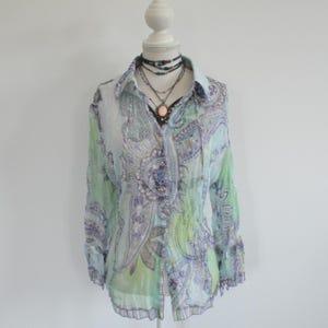 Y2K 00-2000-tals vintage grön/lila Fairycore transparent skjorttopp med knappar