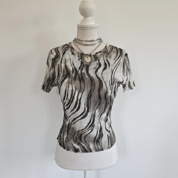 Y2k 2000s 00s vintage animal print zebra short sleeve mesh top