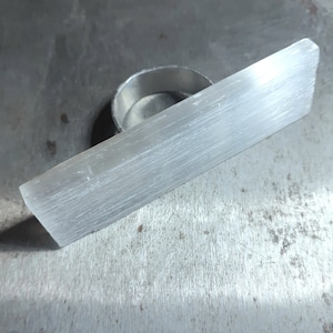 Stone statement ring with selenite rectangle on hammered aluminum band, art jewelry ring for making an impression, bold design minimalist.