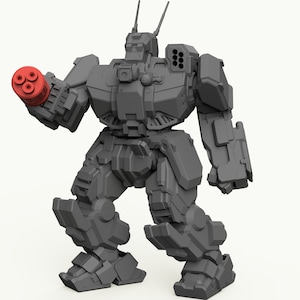 May include: A gray, articulated robot with a red weapon in its right hand. The robot has a large, boxy head with a single eye and a variety of weapons and sensors attached to its body.