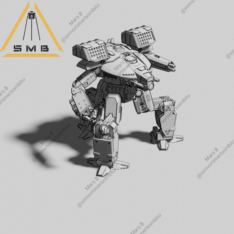 May include: A gray, 3D-rendered model of a bipedal mech with missile launchers and cannons. The model has detailed mechanical components and is set against a light gray background. The logo SMB is in the upper left corner.