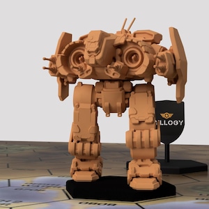 May include: A brown plastic miniature mech robot with a black base. The robot has a large head with a visor and two large guns on the sides. The robot has two large wheels on each leg.