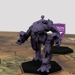 May include: A purple plastic miniature robot model with a black base. The robot has a large head with a dome-shaped top and two arms with guns. The robot is standing on a hexagonal tile with the word "LIGHT" and the number "1007" printed on it.