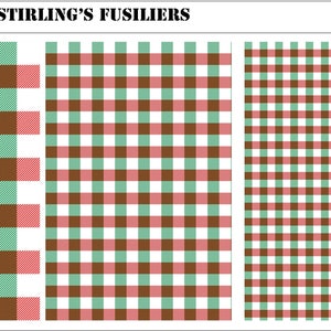 May include: Three rectangular swatches of Stirling's Fusiliers tartan fabric featuring a repeating checkered pattern in shades of brown, light green, and red. The text TARTAN - STIRLING'S FUSILIERS is visible at the top, with a British pound coin for scale.