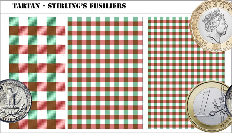 May include: Three rectangular swatches of Stirling's Fusiliers tartan fabric featuring a repeating checkered pattern in shades of brown, light green, and red. The text TARTAN - STIRLING'S FUSILIERS is visible at the top, with a British pound coin for scale.