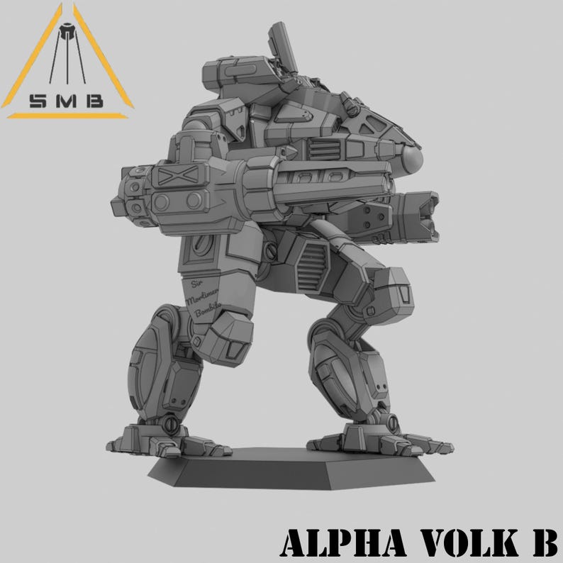 K&ouml;nnte beinhalten: Ein detailliertes graues Modell eines Roboters, der auf einer grauen Basis steht. Der Roboter hat eine gro&szlig;e Waffe am rechten Arm und eine kleinere Waffe am linken Arm. Der Roboter ist mit "ALPHA VOLK B" beschriftet.