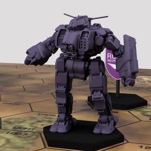 Könnte beinhalten: Ein lila bemalter Miniaturroboter mit einem Schild, auf dem "RC INCOR" steht. Der Roboter steht auf einem schwarzen Sockel mit sechseckigem Muster.