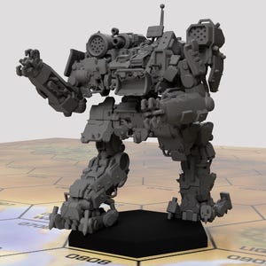 May include: A grey, detailed, articulated, plastic model of a robot with a large gun on its arm. The robot is standing on a black hexagonal base.