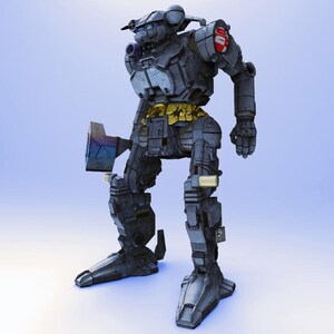 May include: A detailed, grey robot with a metallic appearance stands against a light blue background. The robot has a complex design with visible mechanical parts, gold accents, and a red emblem. It holds a blue and grey object in its left hand.