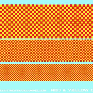 May include: Three strips of red and yellow checkered pattern, each with a coin on either side. The coins are a US quarter and a British pound coin on the top strip, a US quarter and a Euro coin on the bottom strip. The text "RED & YELLOW CHECKERED" is at the bottom of the image.