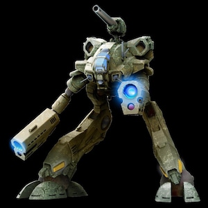 May include: An illustration of a military mech robot in olive-green with a weathered finish. It features a large cannon and arm-mounted weapons with blue energy effects. The robot is posed with its legs spread, suggesting movement or action.