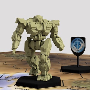 May include: A beige plastic miniature robot figure standing on a black base. The robot has a humanoid shape with a large head and arms that are bent at the elbows. The robot is standing on a hexagonal tile with the word "DEATH" printed on it.