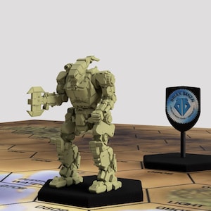 May include: A beige plastic model of a robot with a large arm and a blue shield with the text "Brian Banzai" in white.