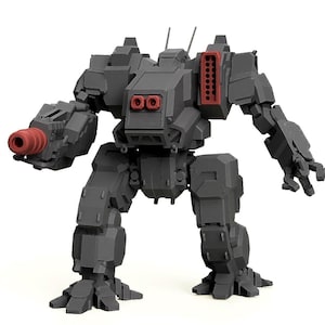 Könnte beinhalten: Ein graues Roboter-Mech-Spielzeug mit roten Akzenten. Das Spielzeug hat eine Kanone an einem Arm und einen Raketenwerfer auf dem Rücken. Der Mech steht vor weißem Hintergrund.