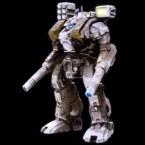 May include: A white and grey robot with a large gun on its back and two smaller guns on its arms. The robot is standing on a black background.