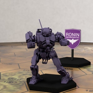 May include: A purple plastic miniature robot with a raised arm and a shield that reads "RONIN INCORPORATED" with a bird logo. The robot is standing on a black base on a hexagonal tile game board.