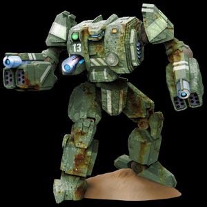 May include: A green and brown robot with the number "13" on its chest. The robot has two large guns on its arms and is standing on a sandy surface.