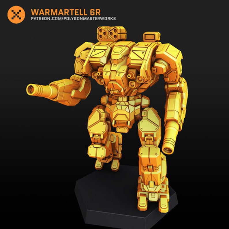 May include: A gold-colored, detailed, articulated, plastic model of a robot or mech. The model is standing on a black hexagonal base. The model has a large cannon on its right arm and a smaller cannon on its left arm. The model has a large, detailed head with a visor. The model is labeled "Warmarttell 6R" and "patreon.com/polygonmasterworks".