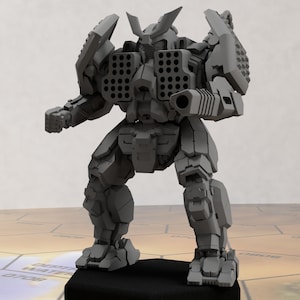 May include: A gray, detailed, articulated robot model with a large gun on its chest. The robot is standing on a black base.