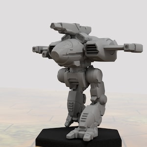 Könnte beinhalten: Ein graues, detailliertes, bewegliches Plastikmodell eines futuristischen, zweibeinigen Roboters mit einem großen, runden Kopf und zwei Kanonen an den Armen.