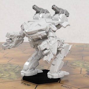 May include: A white plastic miniature robot with two guns on its back and a claw on each arm. The robot is standing on a black base.